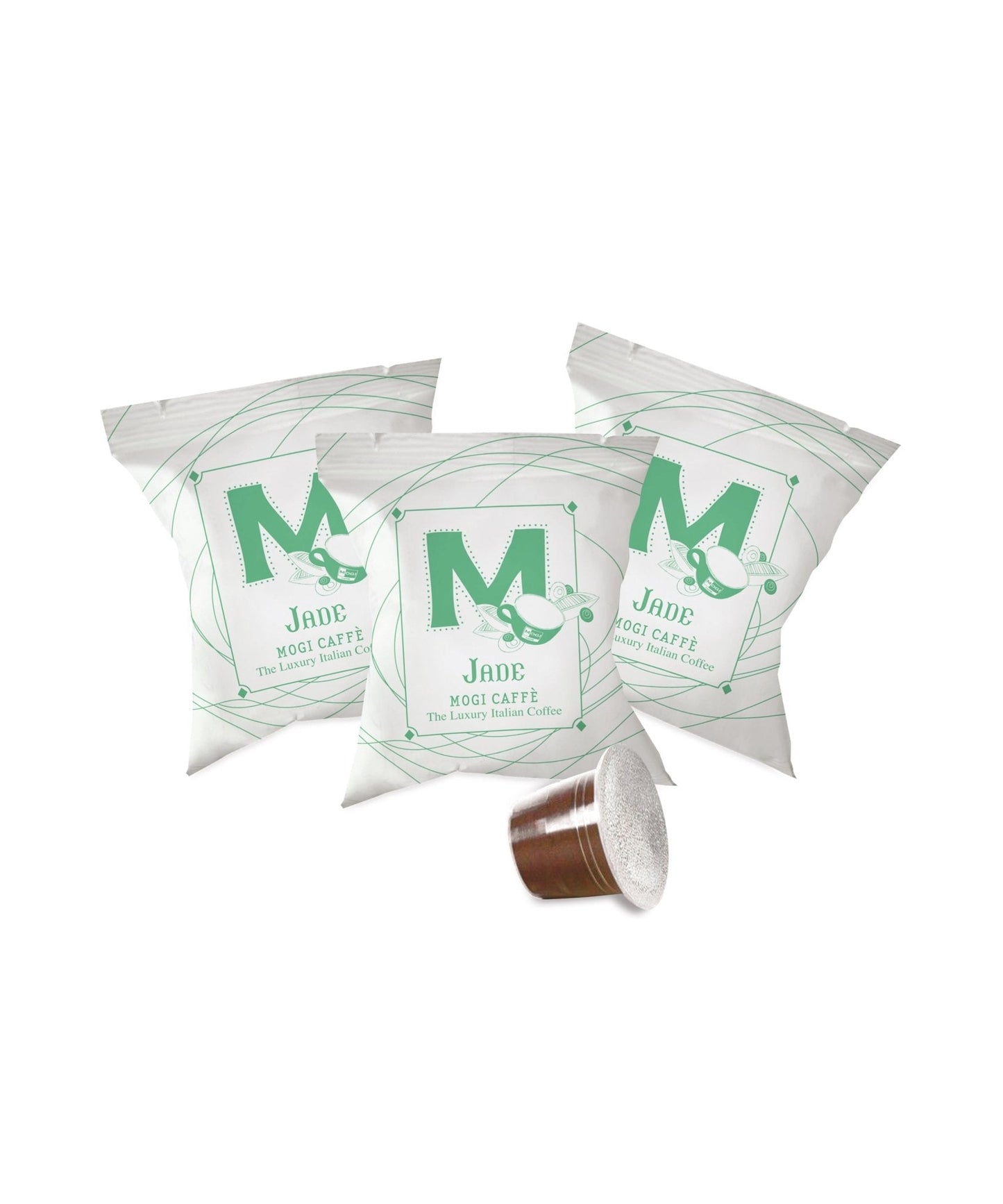 Close-up of Jade Box 8 coffee capsules – Nespresso compatible Arabica and Robusta espresso blend.