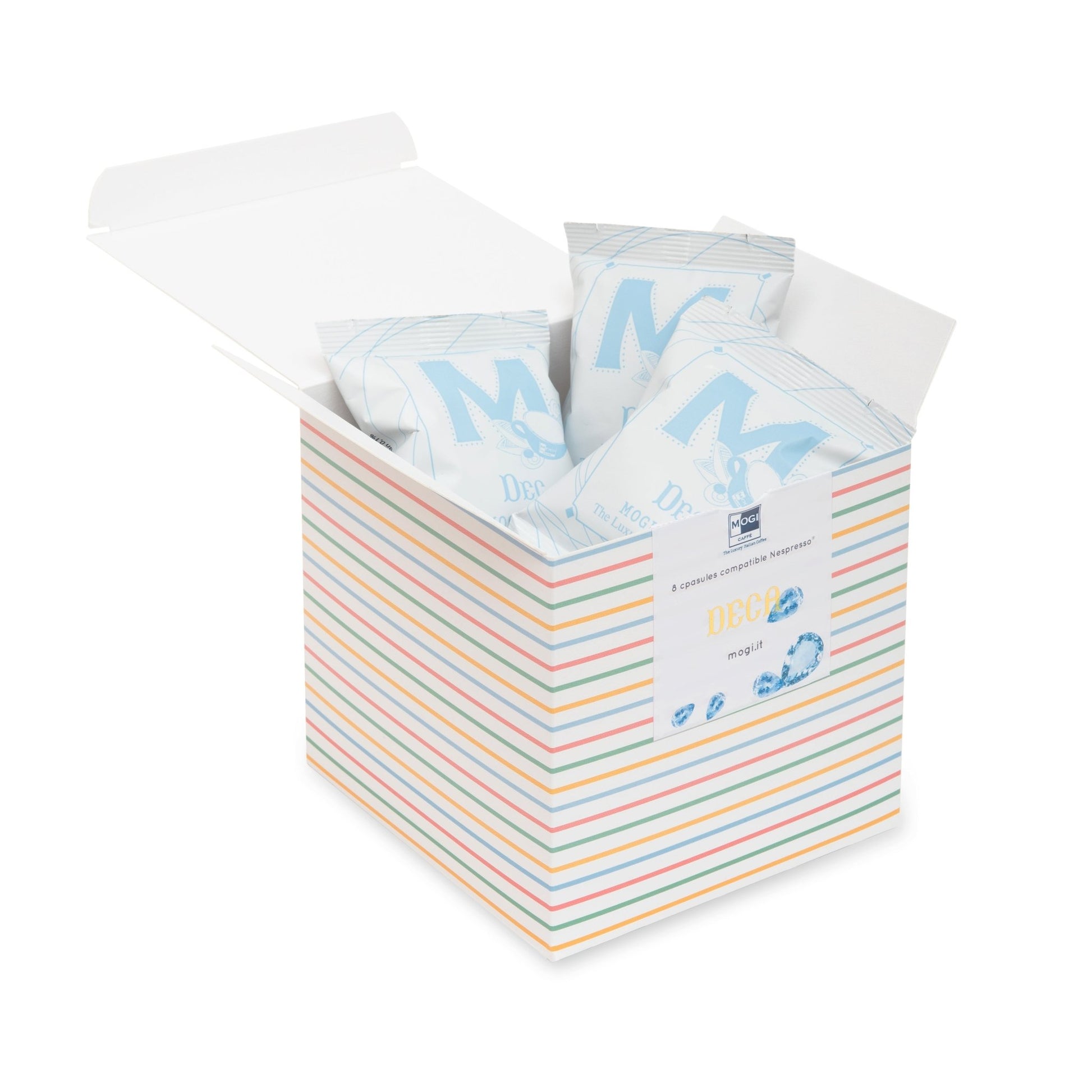 Close-up of Dec Box 8 coffee capsules – Nespresso compatible decaffeinated espresso blend.