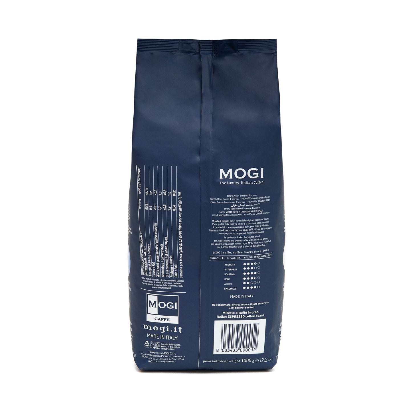 Blue Beans whole coffee beans ready to grind for espresso and brewed coffee.