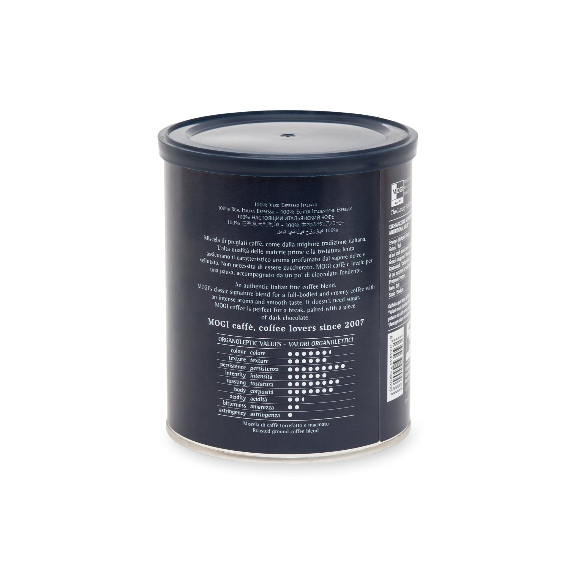 Blue Beans whole coffee beans packaging angle – premium sustainable blend by MOGI.