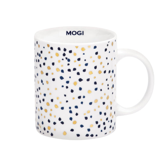 Close-up of Golden Dots Mug coffee mug showing stylish Golden and Blue dots design on ceramic surface.