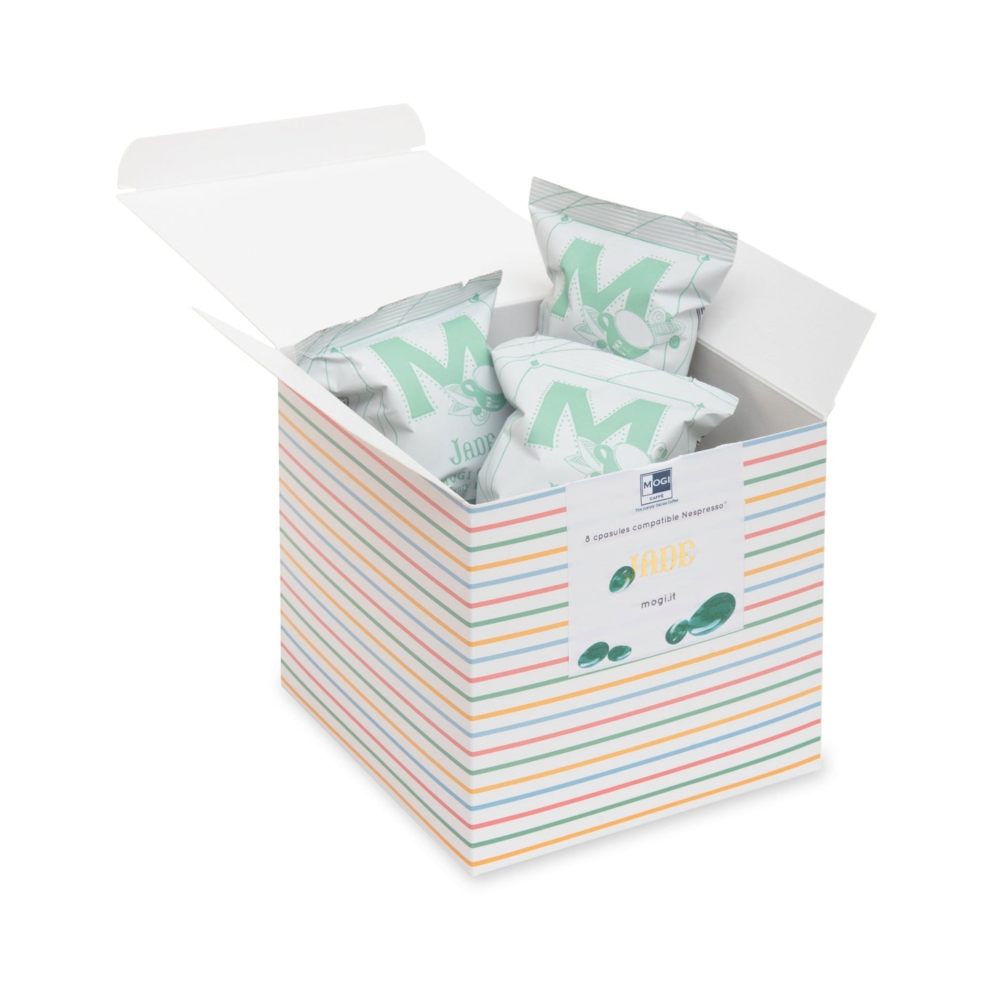 Jade Box 8 coffee capsules packaging – premium box of Nespresso compatible espresso capsules by MOGI.