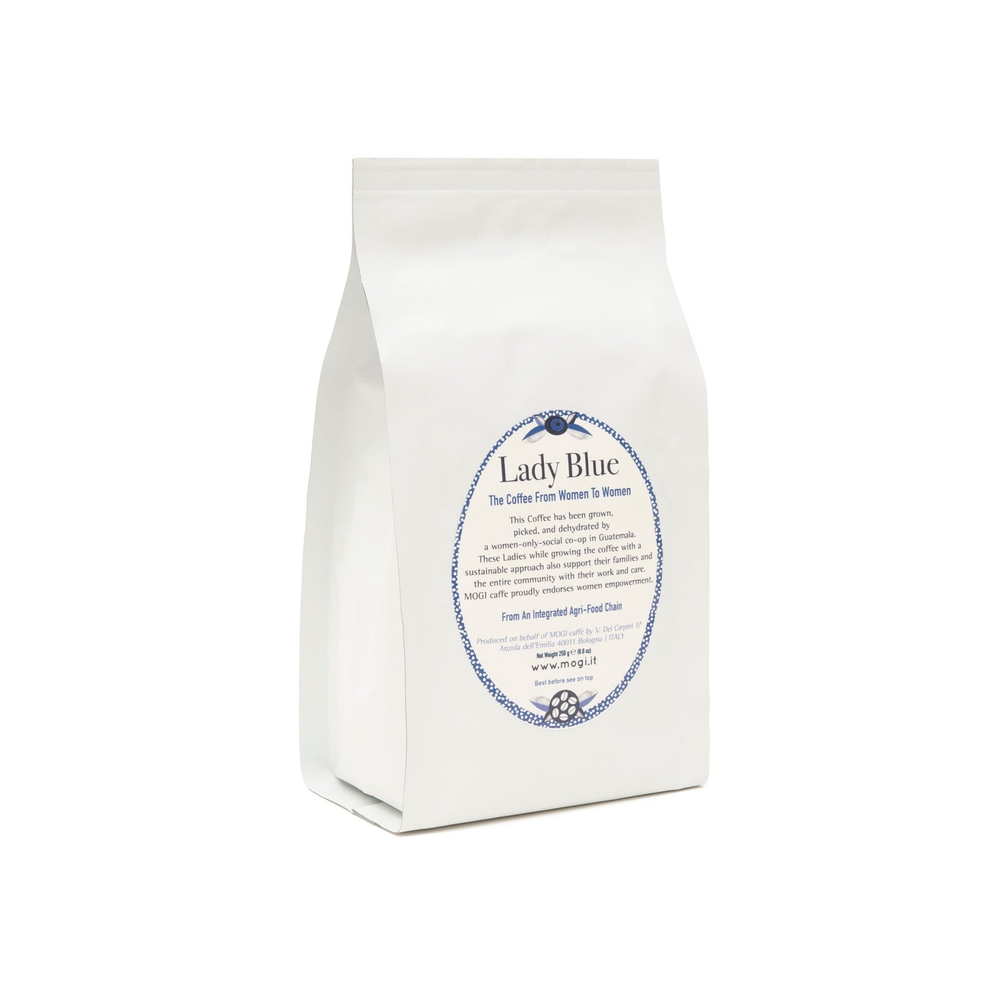 Lady Blue Beans whole coffee beans packaging angle – premium sustainable Guatemala coffee by MOGI.