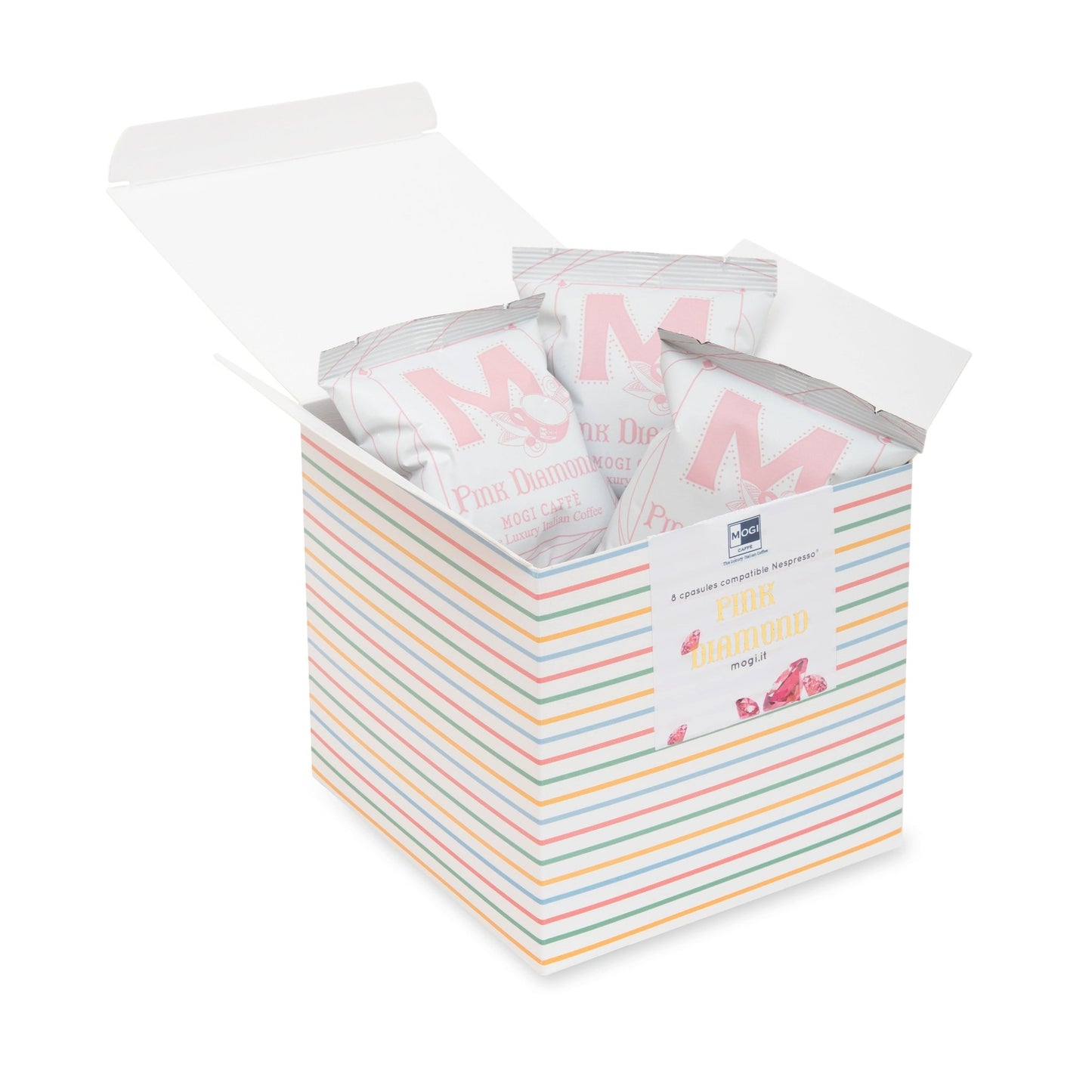 Pink Diamond Box 8 coffee capsules packaging – premium box of Nespresso compatible Arabica capsules by MOGI.