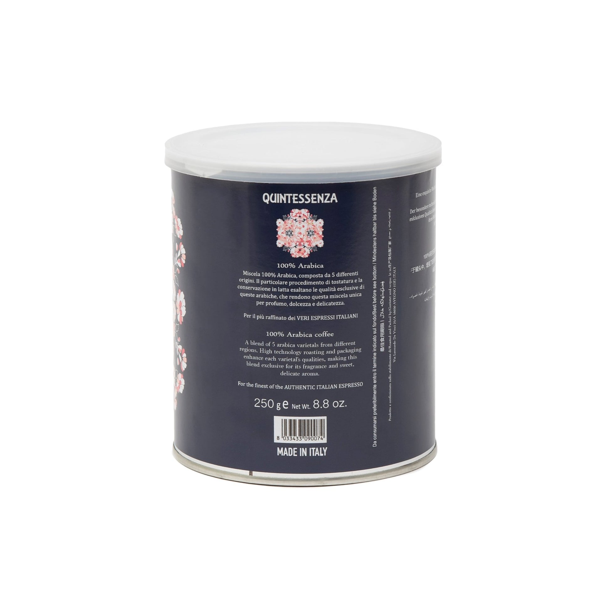 Quintessenza moka ground coffee packaging – premium Arabica blend for Italian moka brewing.