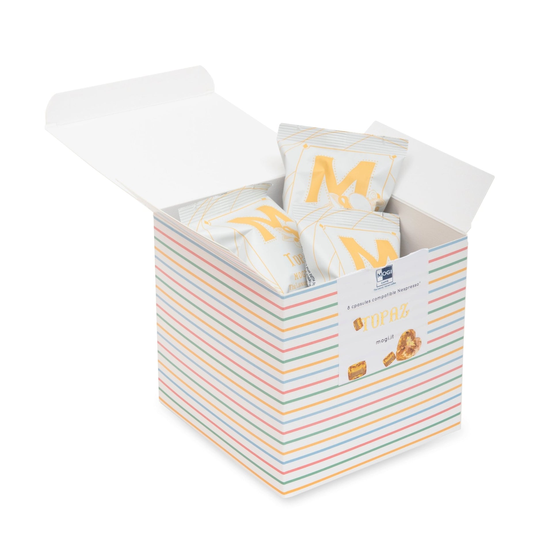 Topaz Box 8 coffee capsules packaging – premium box of Nespresso compatible espresso capsules by MOGI.
