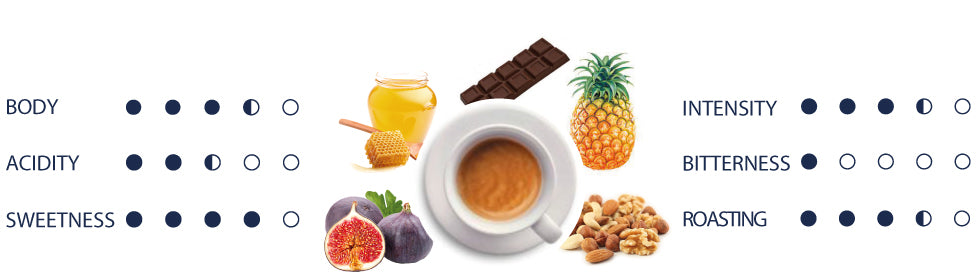 Organoleptic values of Aldebaran coffee blend in english.