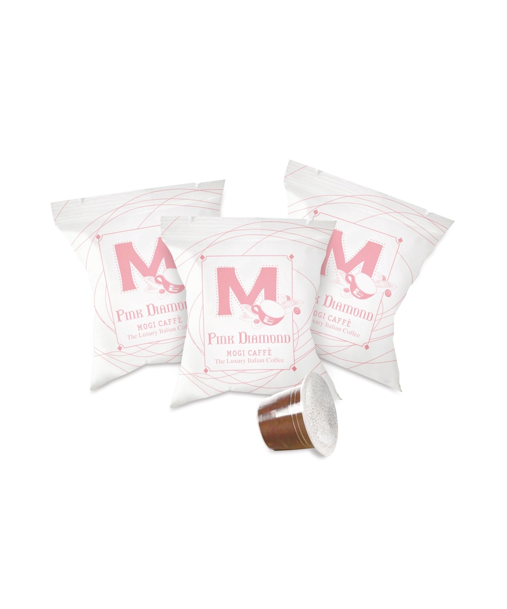 Close-up of Pink Diamond Box 8 coffee capsules – Nespresso compatible 100% Arabica espresso blend.