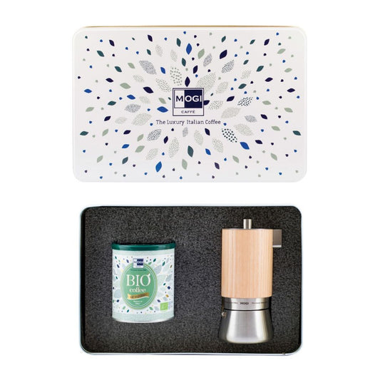 Luxury MOGI gift box with an exclusive moka pot and a pack of Bio coffee blend.
