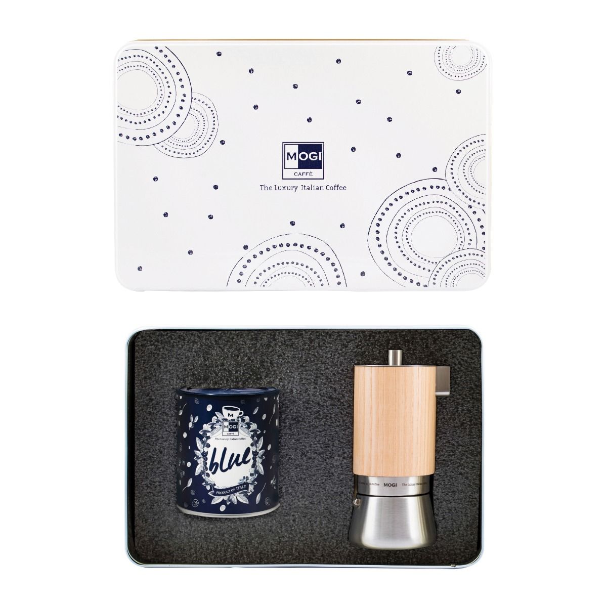 MOGI luxury gift box, with inside a moka pot and a can of blue blend coffee.