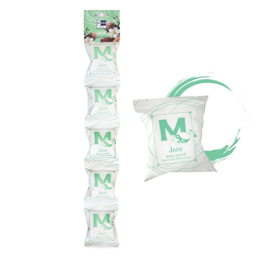 Jade String coffee capsules packaging – multipack of 5 premium Nespresso compatible Arabica and Robusta capsules.