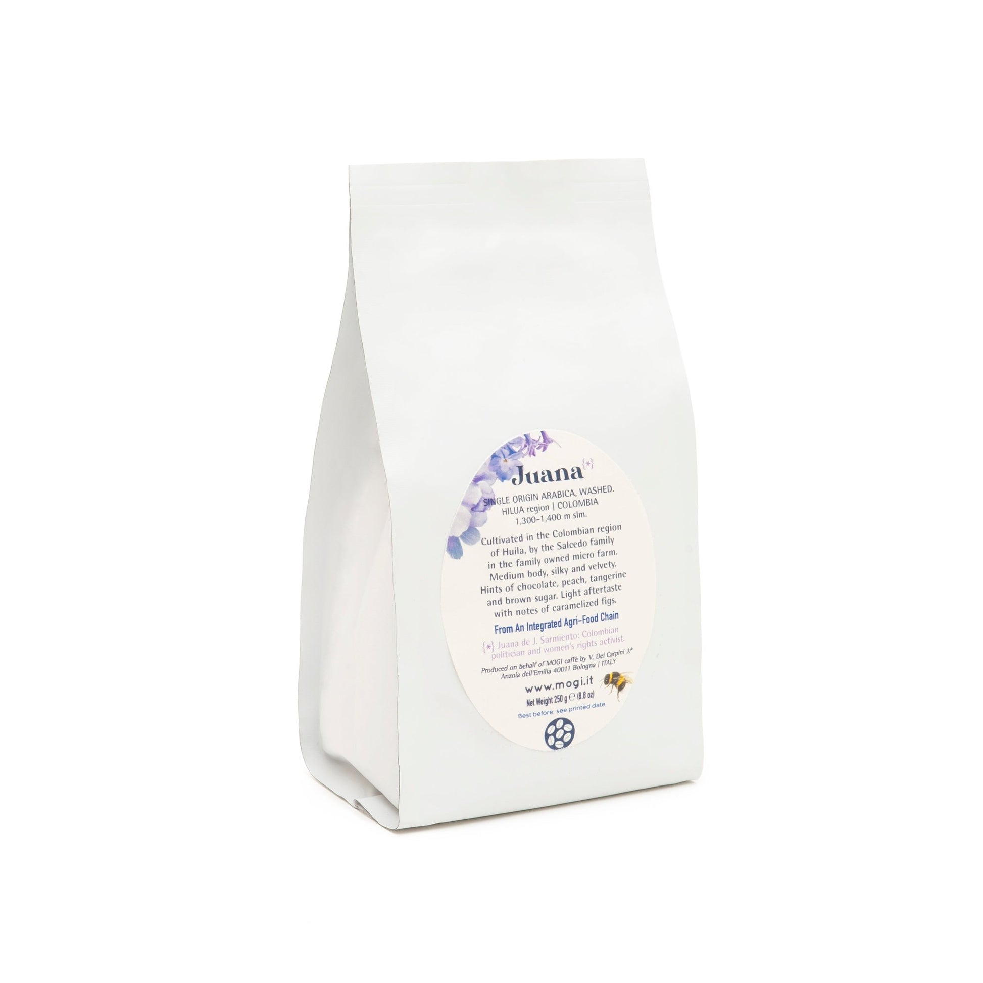 Juana Beans whole coffee beans packaging angle – sustainable and premium Colombian Arabica by MOGI.